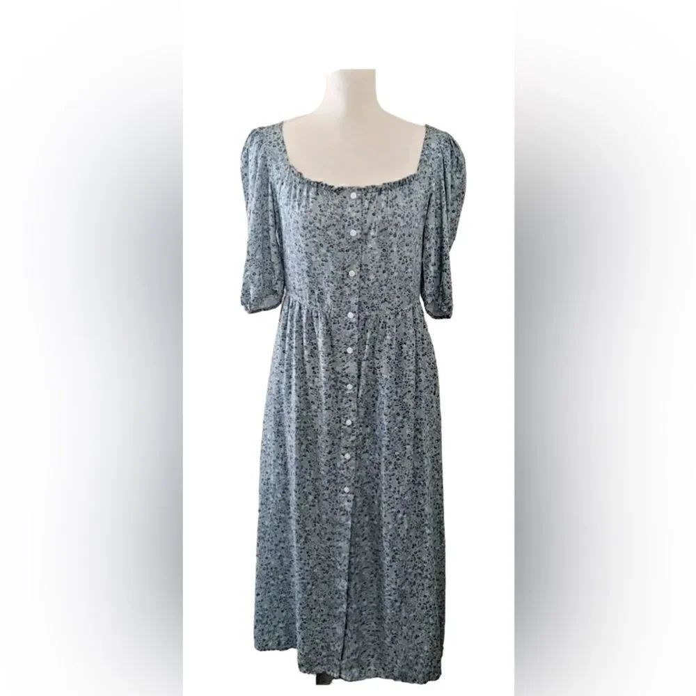 Beau & Ro The Jillian Dress Blue Floral Dot Print Puff Sleeves Size XS